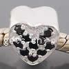 Cubic Zirconia Sterling Silver European Beads, 925 Sterling Silver, Heart, plated, without troll & with cubic zirconia 