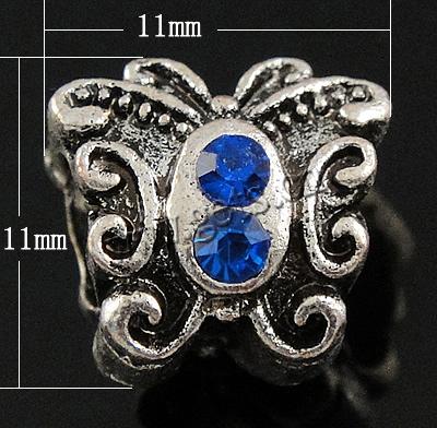 Rhinestone Zinc Alloy European Beads, Butterfly, plated, without troll & with rhinestone, more colors for choice, 11x11x9.5mm, Hole:Approx 5mm, Sold By PC
