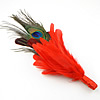 Turkey Feather Brooch, Chicken Feather, with Peacock Feather & Satin Ribbon & Iron, platinum color plated, red, approx 