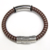 Cowhide Bracelets, Stainless Steel, with Cowhide, coffee color 7mm Approx 8.5 Inch 