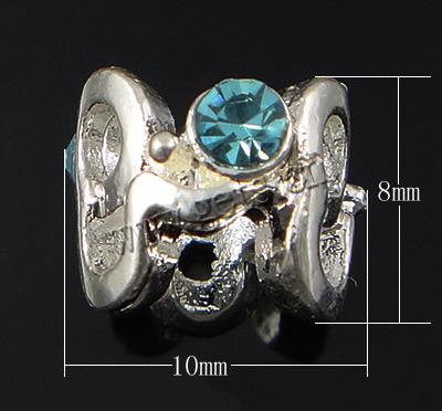 Rhinestone Zinc Alloy European Beads, plated, without troll & with rhinestone, more colors for choice, nickel, lead & cadmium free, 10x8mm, Hole:Approx 5mm, Sold By PC