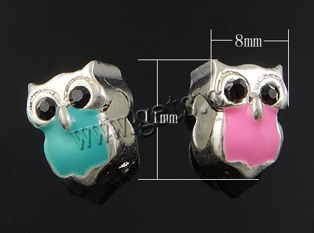 Enamel Zinc Alloy European Beads, Owl, plated, without troll & large hole, more colors for choice, cadmium free, 11x8x10mm, Hole:Approx 5mm, Sold By PC