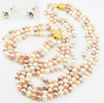 Bijoux de perle d'eau douce naturelle, Bracelet & boucle d'oreille & collier, 3 brins, multicolore, 6-7mm pouce, Vendu par fixé