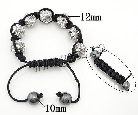 Rhinestone Woven Ball Bracelets, with Wax Cord & Hematite & Zinc Alloy, handmade, more colors for choice, 10mm, 12mm, Length:5-10 Inch, Sold By Strand