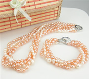 Natural Freshwater Pearl Jewelry Sets, bracelet & necklace, rose pink, 4-5mm,7-8mm .5 Inch, 7.5 Inch 