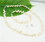 Conjuntos de joyería perlas de agua dulce natural, Perlas cultivadas de agua dulce, pulsera & pendiente & collar, latón cierre, 2-tono, 6-7mm, longitud:17 Inch, Vendido por Set