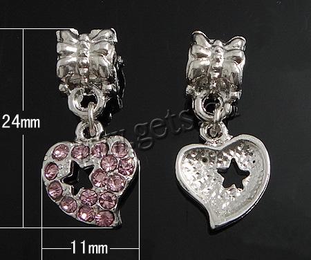 pendentifs European en alliage zinc, alliage de zinc, coeur, Plaquage normal, avec strass, plus de couleurs à choisir, 24x11x2mm, Trou:Environ 5mm, 350PC/sac, Vendu par sac