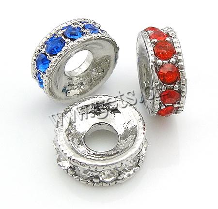 Rhinestone Zinc Alloy European Beads, Rondelle, plated, without troll & with rhinestone, more colors for choice, 11x4mm, Hole:Approx 4mm, Sold By PC