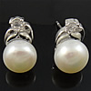 Freshwater Pearl Stud Earring, brass post pin, Flower, with rhinestone 8.5-9x13.5-14mm 
