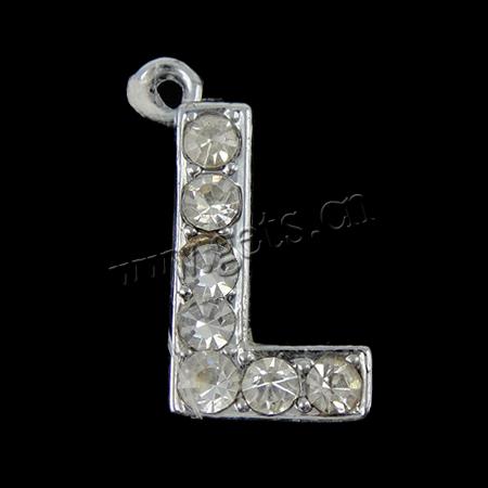 Zinc Alloy Alphabet Pendants, Letter L, plated, with rhinestone, more colors for choice, 12x16x3mm, Hole:Approx 2mm, Sold By PC