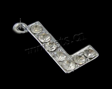Zinc Alloy Alphabet Pendants, Letter L, plated, with rhinestone, more colors for choice, 12x16x3mm, Hole:Approx 2mm, Sold By PC