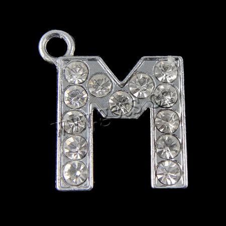 Zinc Alloy Alphabet Pendants, Letter M, plated, with rhinestone, more colors for choice, 15x17x2mm, Hole:Approx 2mm, Sold By PC