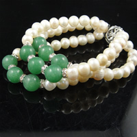 Bracelets perles de pierres semi-précieuses, perle d'eau douce cultivée, avec aventurine vert, 3 brins, 6-7mm .5 pouce, Vendu par brin