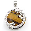 Tiger Eye Pendants, with Brass, Flat Round, silver color plated Approx Approx 