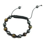 Gemstone Woven Ball Bracelets, Tiger Eye, with Waxed Linen Cord & Hematite, 10mm .5 Inch 