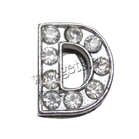 Charme de diapositives en alliage de zinc Lettre, avec strass, Lettre D, Placage, plus de couleurs à choisir, 9x11x5mm, Trou:Environ 8x2mm, Vendu par PC