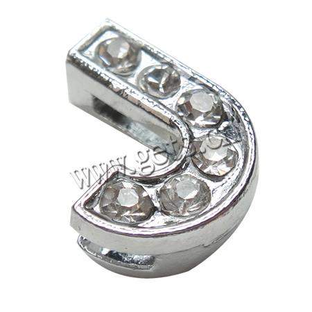 Zinc Alloy Letter Slide Charm, with Rhinestone, Letter J, plated, more colors for choice, 10x11x5mm, Hole:Approx 8x2mm, Sold By PC