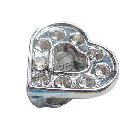 Zinc Alloy Slide Charm, with Rhinestone, Heart, plated, more colors for choice, 12x12x5mm, Hole:Approx 8x2mm, Sold By PC