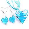 Joyería de cristal de Murano, pendiente & collar, con Cinta, Corazón, azul, 42x30mm, 25x20mm, longitud:16.5 Inch, Vendido por Set