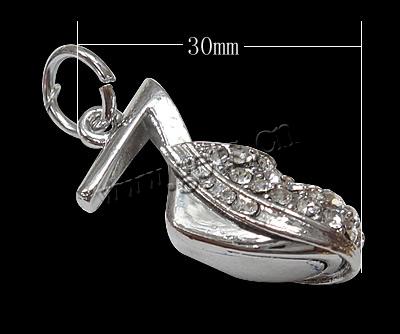 Zinc Alloy Shoes Pendants, with Rhinestone, plated, more colors for choice, 30x10.5x11mm, Hole:Approx 7mm, Sold By PC