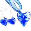 Joyería de cristal de Murano, pendiente & collar, con Cinta, latón cierre de langosta, latón aro de pendiente, Corazón, azul, 42x30mm, longitud:16.5 Inch, Vendido por Set