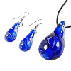 Lampwork Jewelry Sets, earring & necklace, with Wax Cord, brass lobster clasp, brass earring hook, Teardrop, blue Inch 