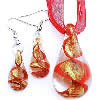 Lampwork Jewelry Sets, earring & necklace, with Ribbon, brass lobster clasp, brass earring hook, Star, gold foil  .5 Inch 