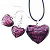 Lampwork Jewelry Sets, earring & necklace, with rubber cord, brass lobster clasp, brass earring hook, Heart, purple  Inch 