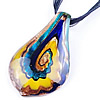 Lampwork Jewelry Necklace, with Wax Cord & Ribbon, Leaf, gold sand & silver foil .5 Inch 