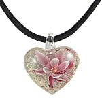 Lampwork Jewelry Necklace, with Velveteen Cord, Heart, luminated & inner flower Inch 
