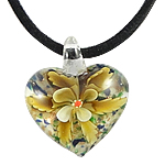 Lampwork Jewelry Necklace, with Velveteen Cord, Heart, gold sand & inner flower Inch 