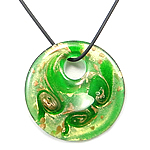 Lampwork Jewelry Necklace, with rubber cord, Flat Round, gold sand & gold foil Inch 