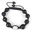 Black Agate Woven Ball Bracelets, with Wax Cord & Rhinestone Clay Pave Bead, with 50 pcs rhinestone, 12mm Approx 6.5-12 Inch 