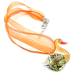 Lampwork Jewelry Necklace, with Ribbon, Swan, gold sand & inner flower .5 Inch 
