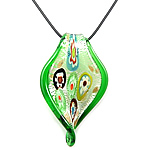 Lampwork Jewelry Necklace, with rubber cord, Leaf, with millefiori slice & gold sand and silver foil Inch 