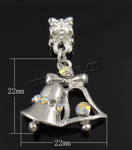 European Christmas Pendant, Zinc Alloy, Christmas Bell, plated, with rhinestone, more colors for choice, 22x22x3.5mm, Hole:Approx 5mm, Sold By PC