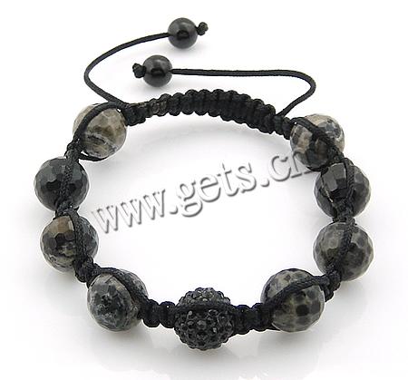 Black Agate Woven Ball Bracelets, with Wax Cord & Rhinestone Clay Pave Bead, with 50 pcs rhinestone, 12mm, 8mm, Length:6.5-12 Inch, Sold By Strand