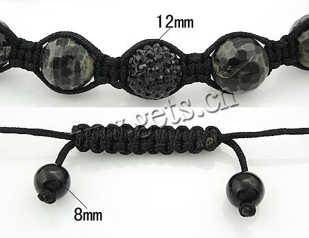 Black Agate Woven Ball Bracelets, with Wax Cord & Rhinestone Clay Pave Bead, with 50 pcs rhinestone, 12mm, 8mm, Length:6.5-12 Inch, Sold By Strand