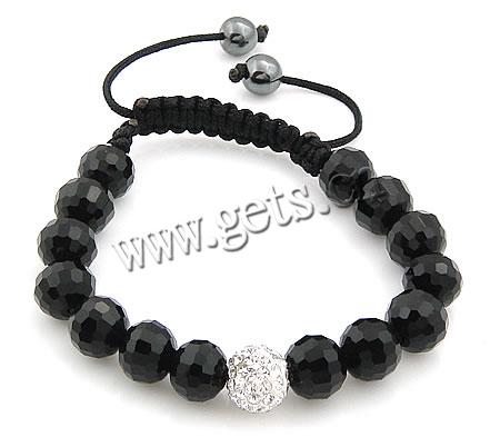 Black Agate Woven Ball Bracelets, with Wax Cord & Rhinestone Clay Pave Bead, with 45 pcs rhinestone, 10mm, 8mm, Length:8-11 Inch, Sold By Strand