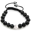 Black Agate Woven Ball Bracelets, with Wax Cord & Rhinestone Clay Pave Bead, with 45 pcs rhinestone, 10mm, 8mm Inch 