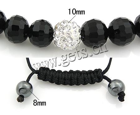 Black Agate Woven Ball Bracelets, with Wax Cord & Rhinestone Clay Pave Bead, with 45 pcs rhinestone, 10mm, 8mm, Length:8-11 Inch, Sold By Strand