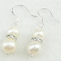 Freshwater Pearl Drop Earring, with rhinestone brass spacer, sterling silver earring hook, white, 4-5mm,8-9mm 