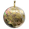 Black Shell Pendant, Brass, with Black Shell, Flat Round, gold color plated, with flower pattern & gold accent Approx 4mm 