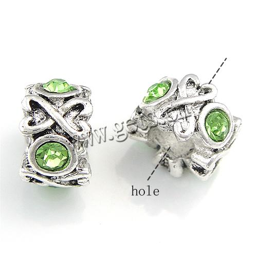Rhinestone Zinc Alloy European Beads, Tube, plated, without troll & with rhinestone, more colors for choice, cadmium free, 7x11mm, Hole:Approx 5mm, Sold By PC