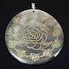 Black Shell Pendant, Brass, with Black Shell, Flat Round, platinum color plated, with flower pattern & decal Approx 4mm 