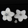 White Shell Earrings, with Plastic Pearl, brass post pin, Flower, platinum color plated 