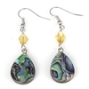 Abalone Shell Earring, with Crystal & Brass, Teardrop, platinum color plated, faceted .96 Inch 