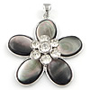 Black Shell Pendant, Brass, with Black Shell, Flower, platinum color plated, with rhinestone Approx 