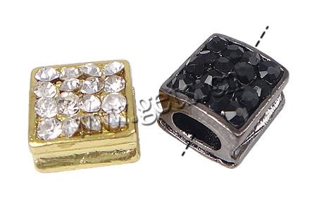 Rhinestone Zinc Alloy Beads, Square, plated, more colors for choice, 8x8x6mm, Hole:Approx 4.5x2.5mm, Sold By PC