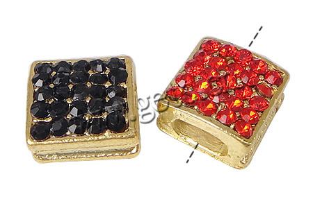 Rhinestone Zinc Alloy Beads, Square, plated, more colors for choice, 10x10x5.5mm, Hole:Approx 6x2.5mm, Sold By PC